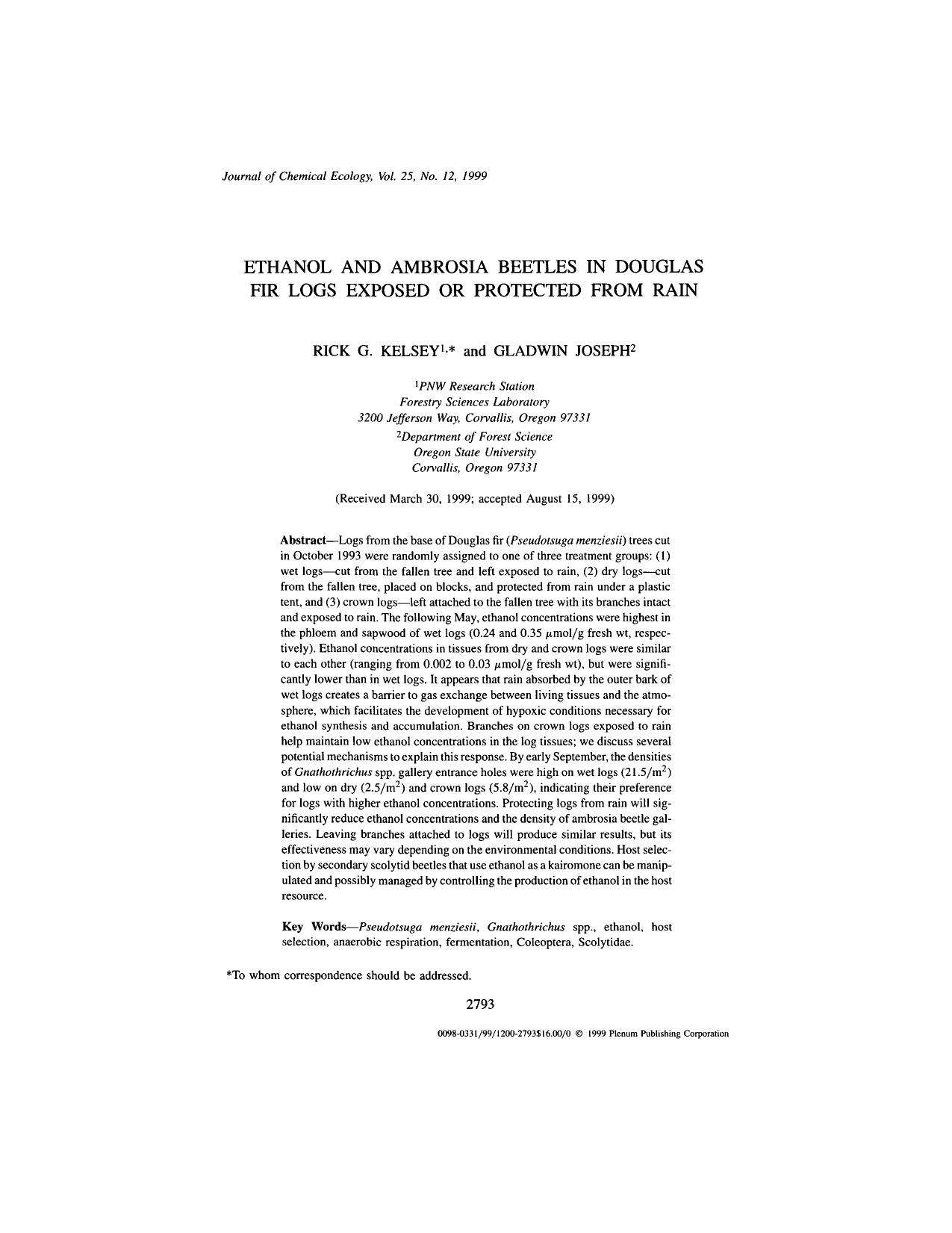 Ethanol and Ambrosia Beetles in Douglas Fir Logs Exposed or Protected from Rain by Unknown