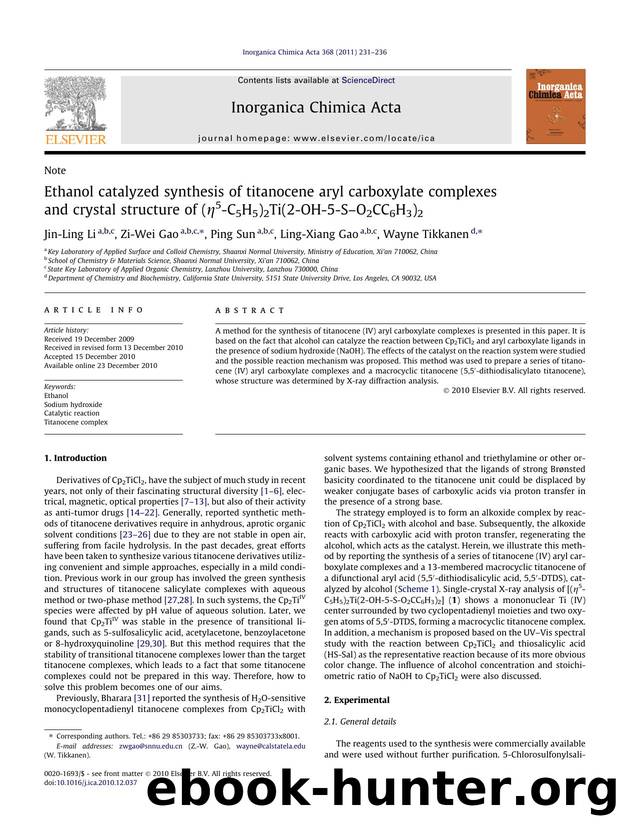 Ethanol catalyzed synthesis of titanocene aryl carboxylate complexes and crystal structure of (ÃÂ·5-C5H5)2Ti(2-OH-5-SÃ¢â¬âO2CC6H3)2 by Jin-Ling Li & Zi-Wei Gao & Ping Sun & Ling-Xiang Gao & Wayne Tikkanen