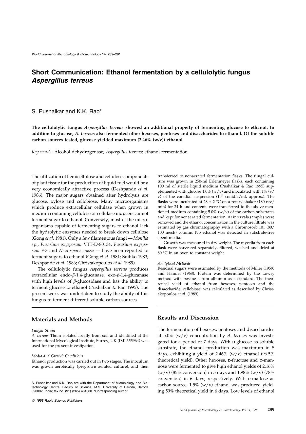 Ethanol fermentation by a cellulolytic fungus Aspergillus terreus by Unknown