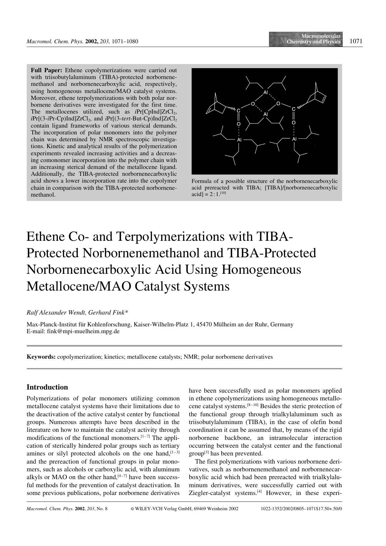Ethene Co- and Terpolymerizations with TIBA-Protected Norbornenemethanol and TIBA-Protected Norbornenecarboxylic Acid Using Homogeneous MetalloceneMAO Catalyst Systems by unknow