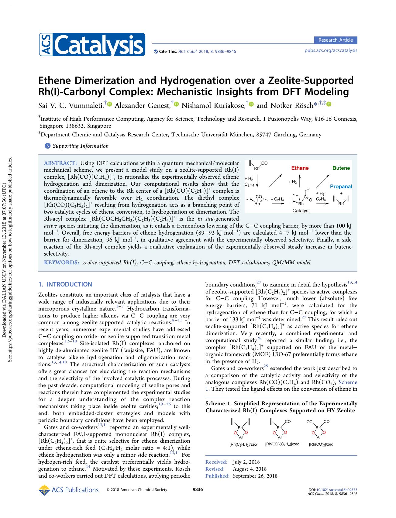 Ethene Dimerization and Hydrogenation over a Zeolite-Supported Rh(I)-Carbonyl Complex: Mechanistic Insights from DFT Modeling by Sai V. C. Vummaleti & Alexander Genest & Nishamol Kuriakose & Notker Rösch