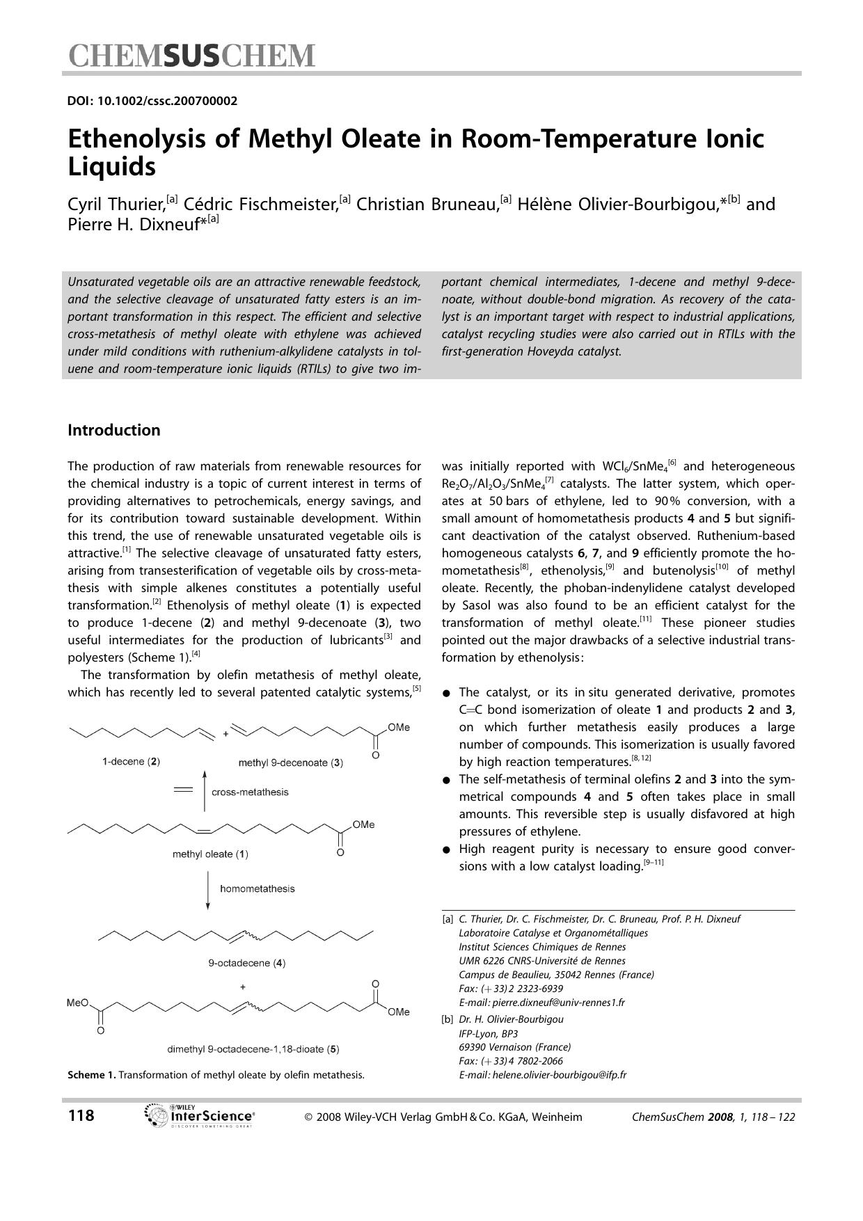 Ethenolysis of Methyl Oleate in Room-Temperature Ionic Liquids by Unknown
