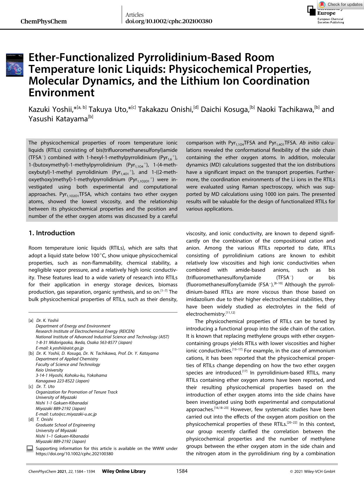 EtherâFunctionalized PyrrolidiniumâBased Room Temperature Ionic Liquids: Physicochemical Properties, Molecular Dynamics, and the Lithium Ion Coordination Environment by Unknown