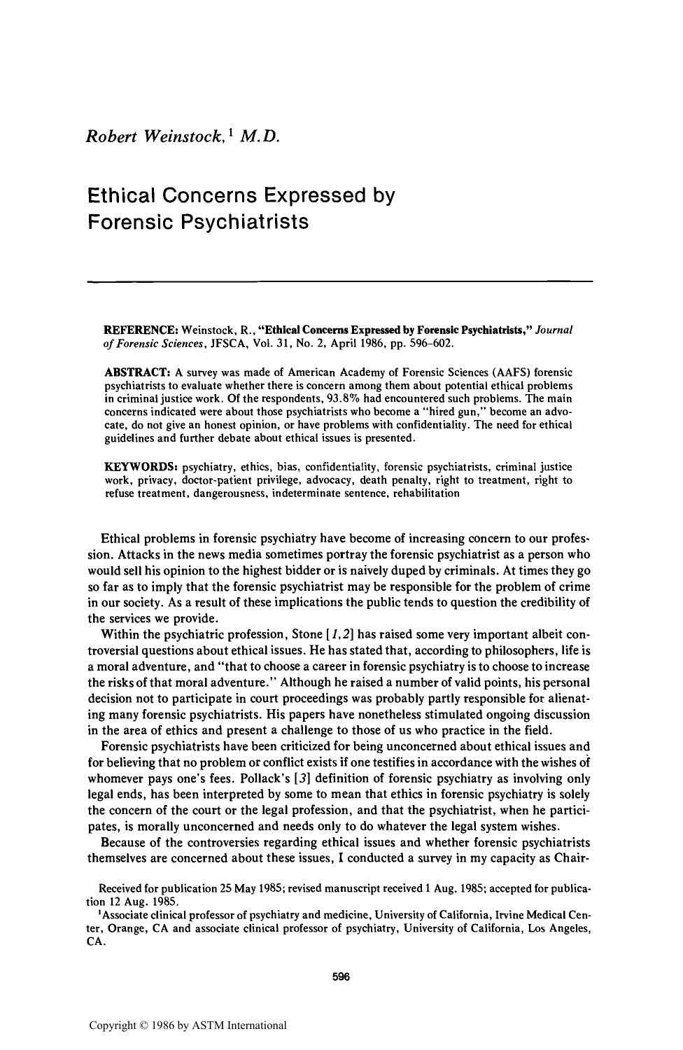 Ethical Concerns Expressed by Forensic Psychiatrists by Weinstock R