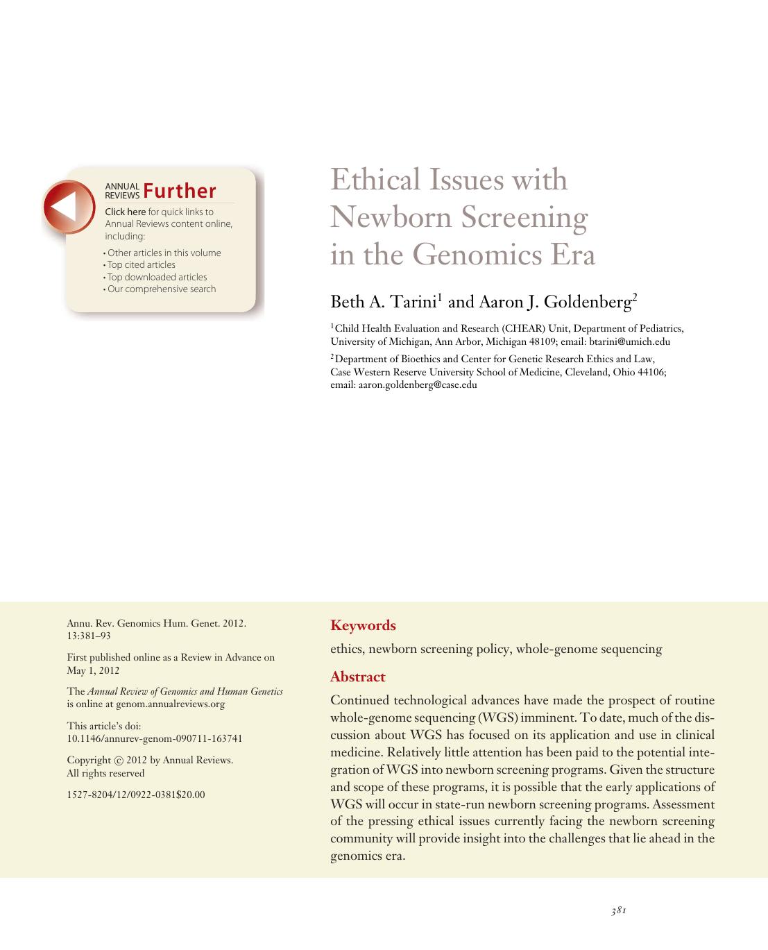 Ethical Issues with Newborn Screening in the Genomics Era by Beth A. Tarini and Aaron J. Goldenberg