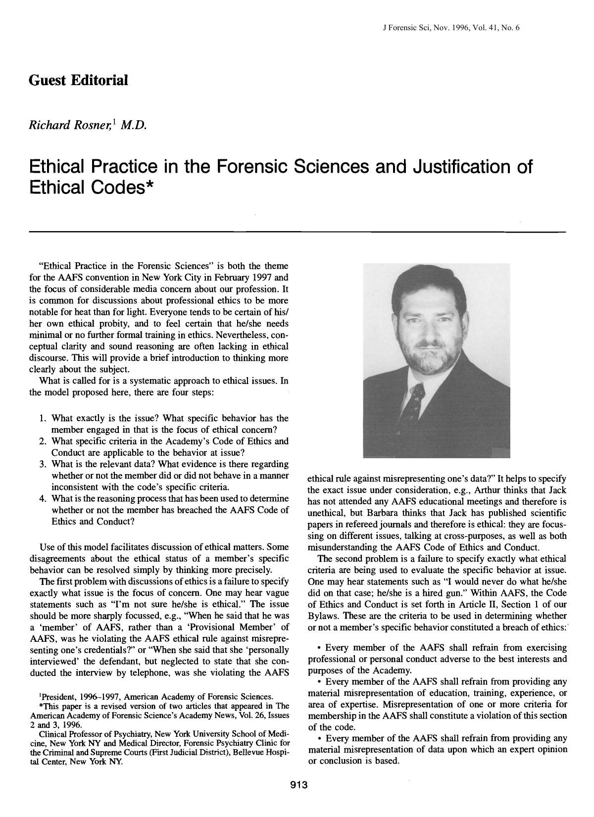 Ethical Practice in the Forensic Sciences and Justification of Ethical Codes by Rosner R