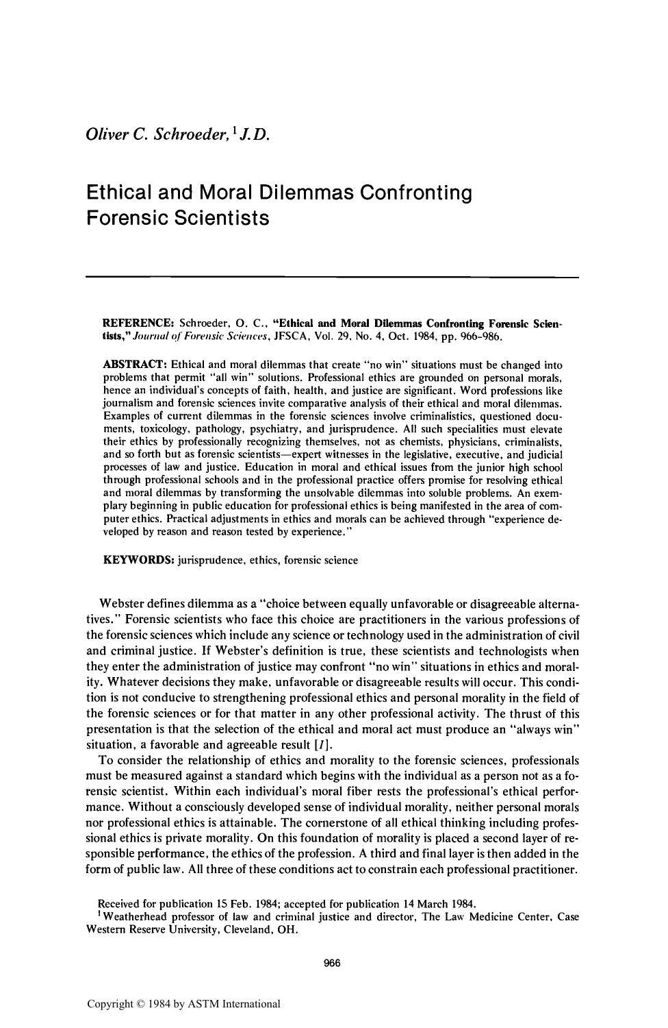 Ethical and Moral Dillemmas Confronting Forensic Scientists by Schroeder OC