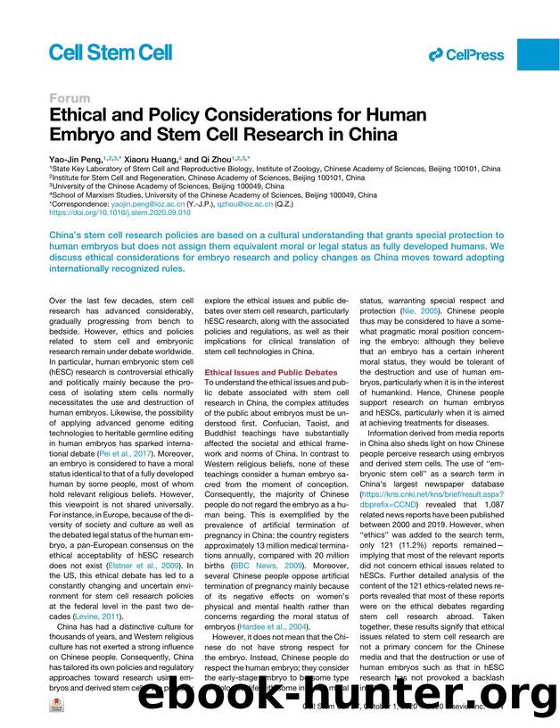 Ethical and Policy Considerations for Human Embryo and Stem Cell Research in China by Yao-Jin Peng & Xiaoru Huang & Qi Zhou