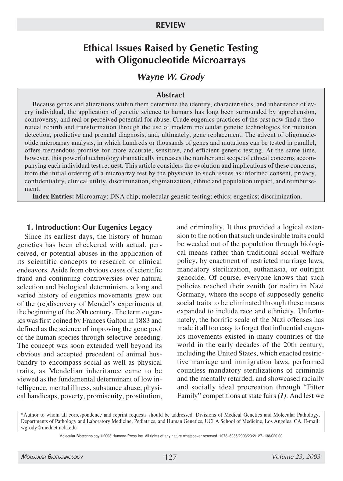 Ethical issues raised by genetic testing with oligonucleotide microarrays by Unknown
