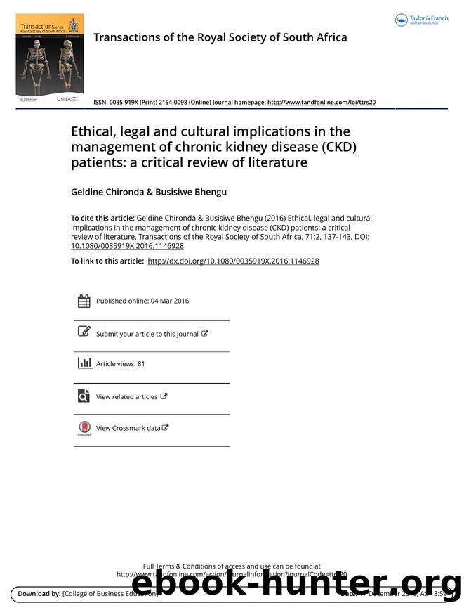 Ethical, legal and cultural implications in the management of chronic kidney disease (CKD) patients: a critical review of literature by Geldine Chironda & Busisiwe Bhengu