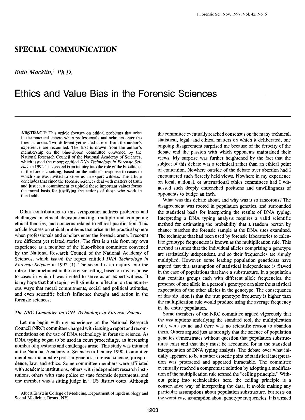 Ethics and Value Bias in the Forensic Sciences by Macklin R
