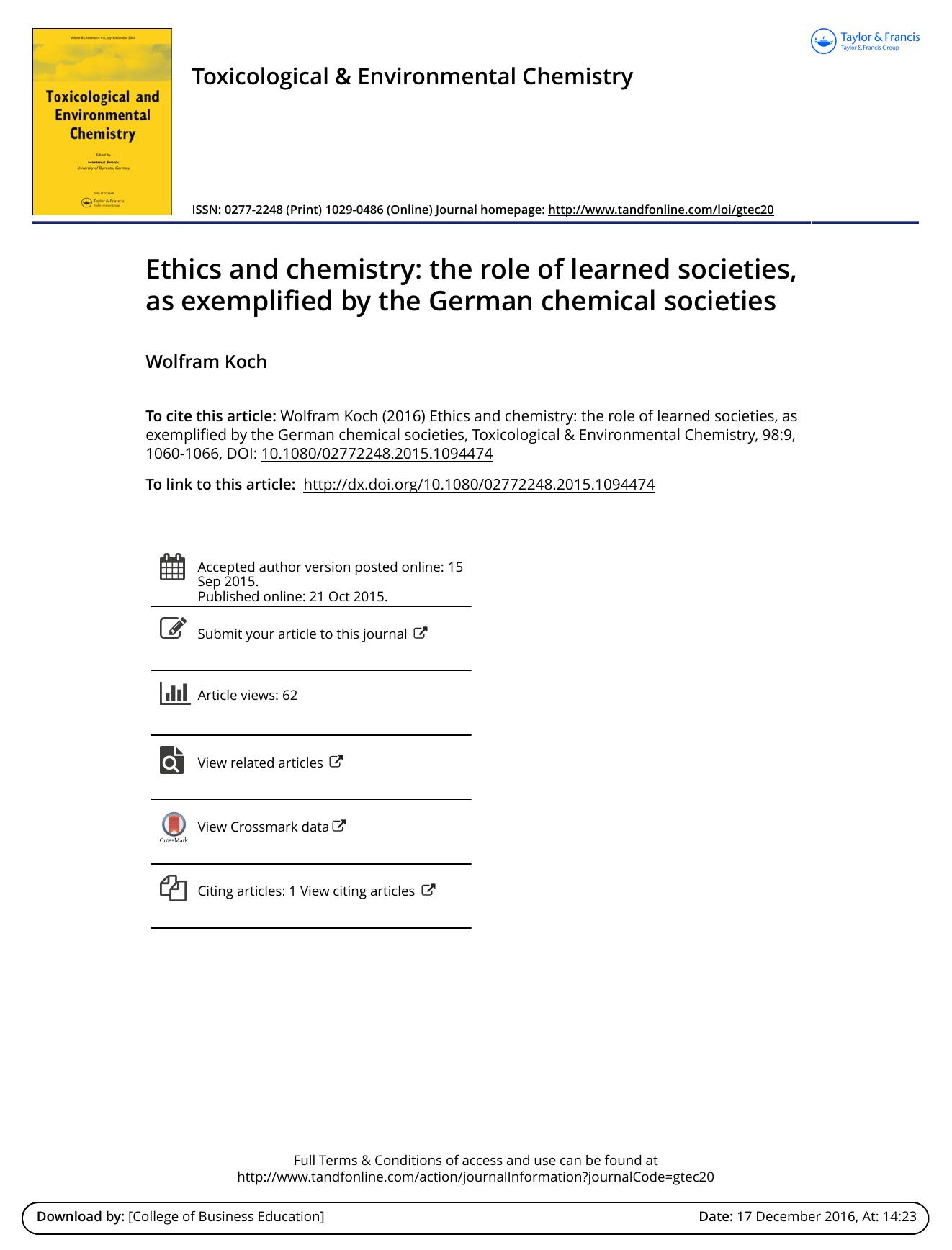 Ethics and chemistry: the role of learned societies, as exemplified by the German chemical societies by Wolfram Koch