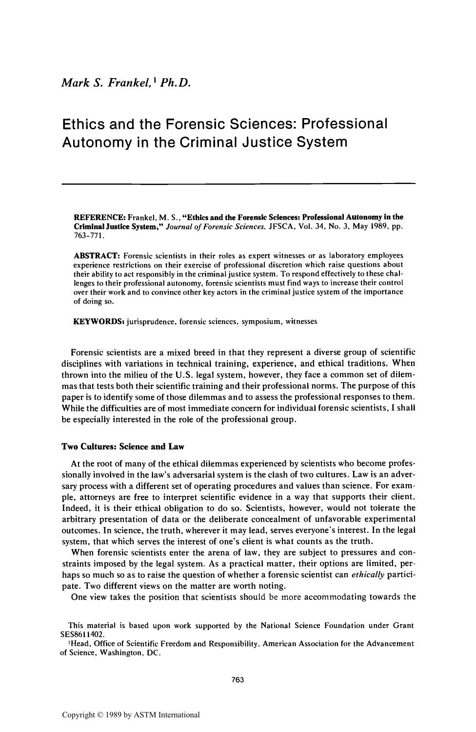 Ethics and the Forensic Sciences: Professional Autonomy in the Criminal Justice System by Frankel MS