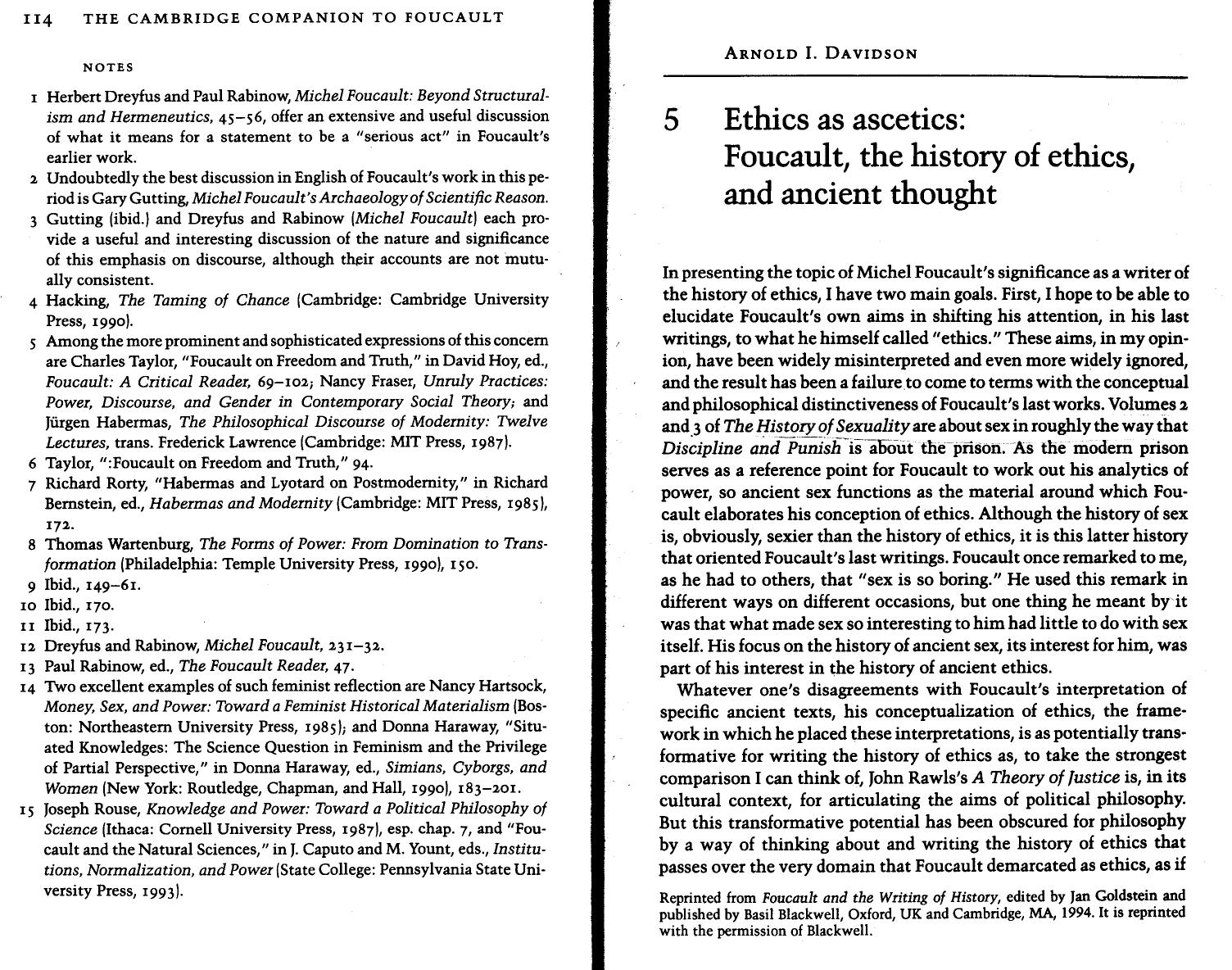 Ethics as Ascetics: Foucault, the History of Ethics, and Ancient Thought by Arnold A. Davidson