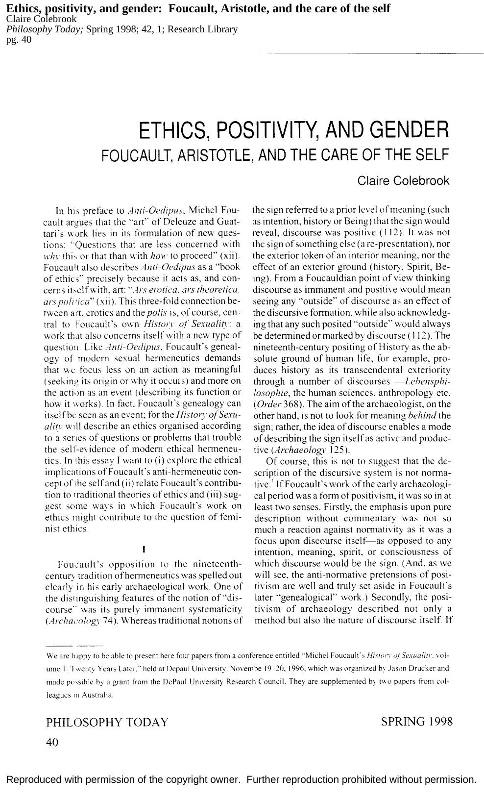 Ethics, Positivity, And Gender [Foucault, Aristotle, And The Care Of The Self] by Unknown