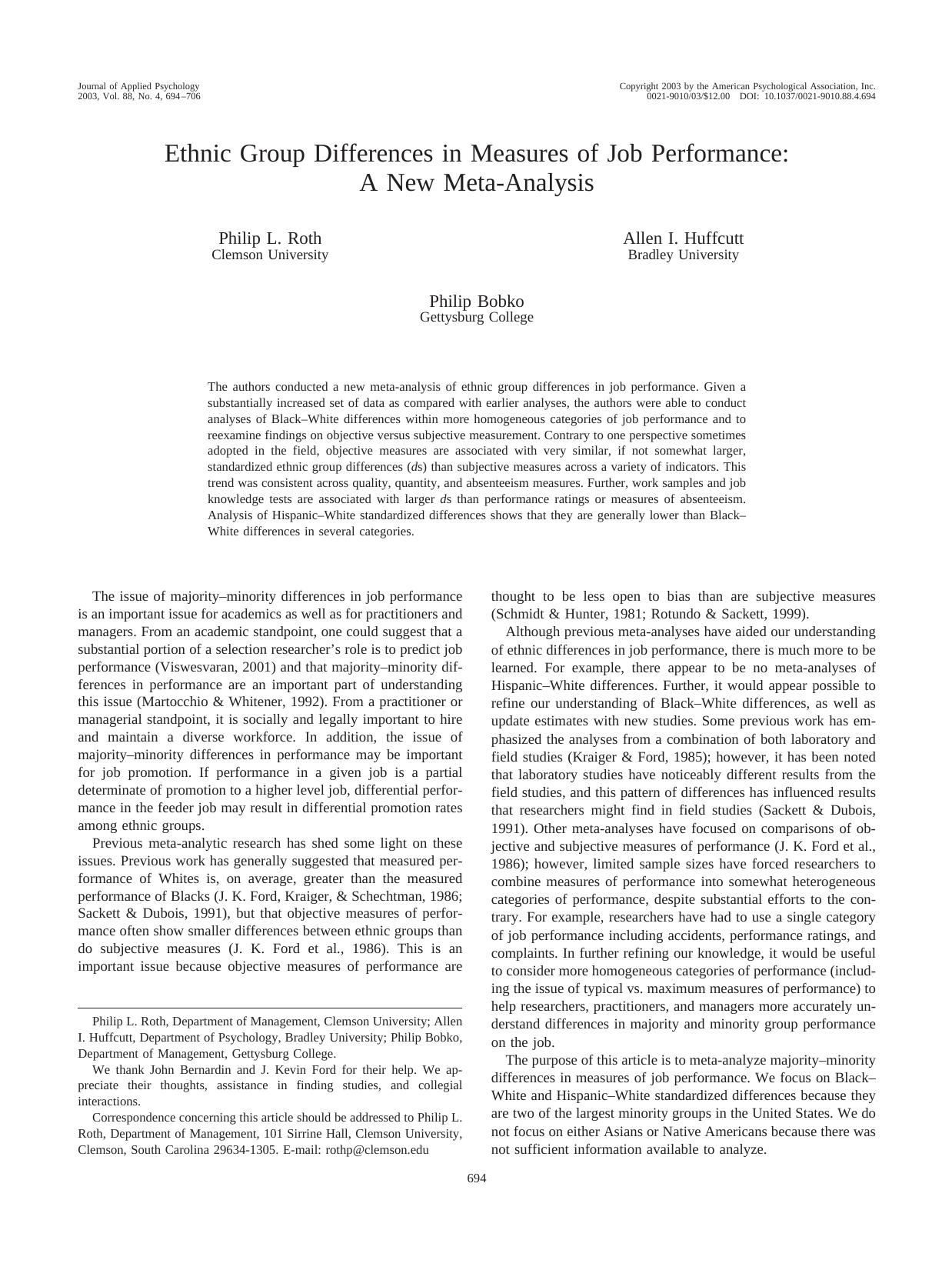 Ethnic Group Differences in Measures of Job Performance by A New Meta-Analysis (2003) by Philip L. Roth et al