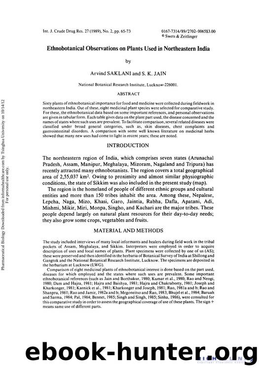 Ethnobotanical Observations on Plants Used in Northeastern India by Arvind Saklani & S. K. Jain