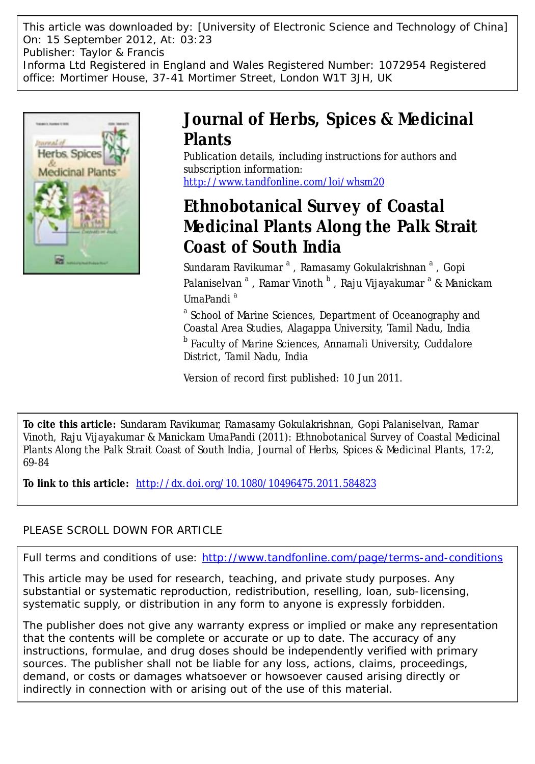 Ethnobotanical Survey of Coastal Medicinal Plants Along the Palk Strait Coast of South India by unknow