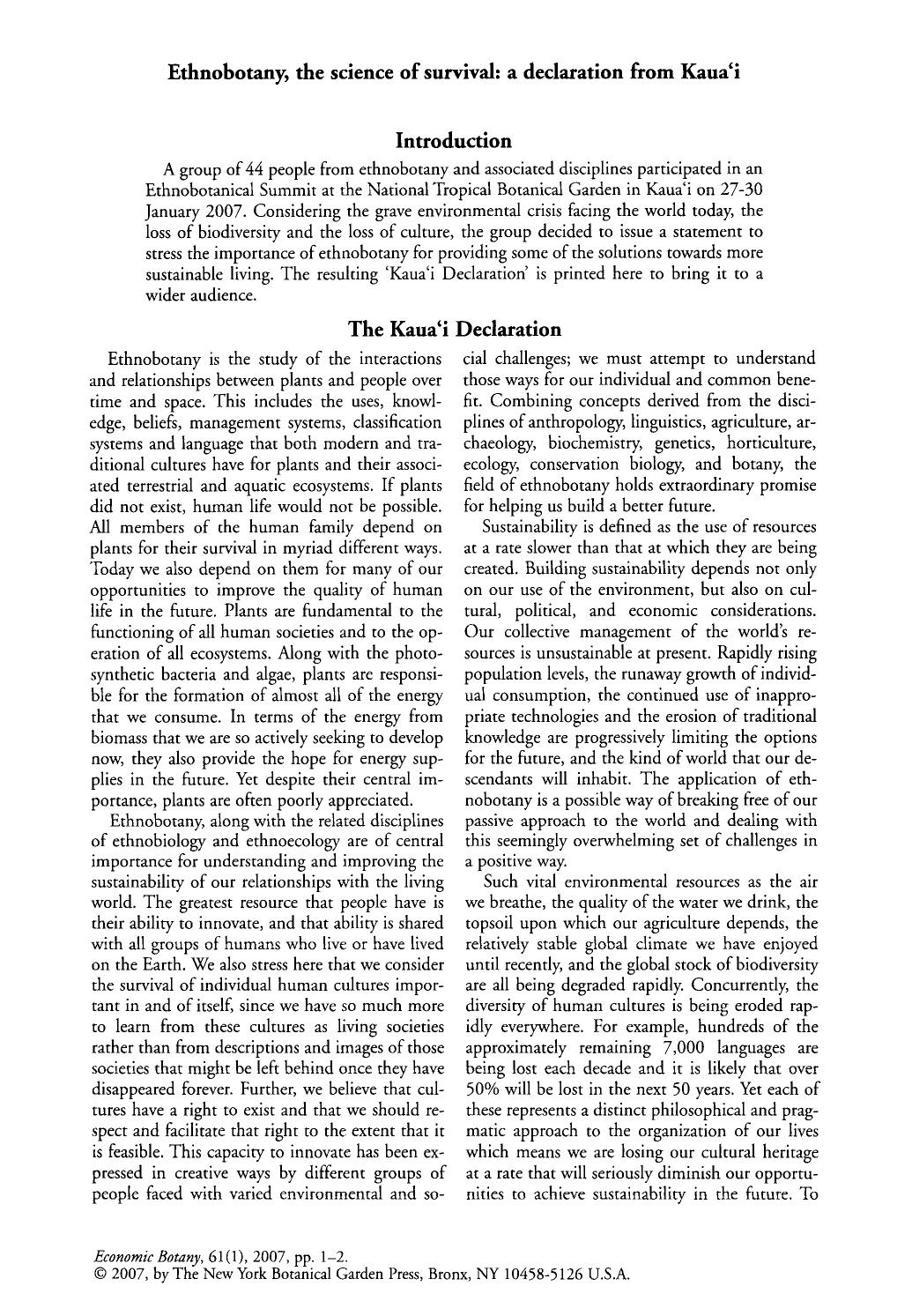 Ethnobotany, the science of survival: a declaration from Kaua&#x2019;i by Unknown