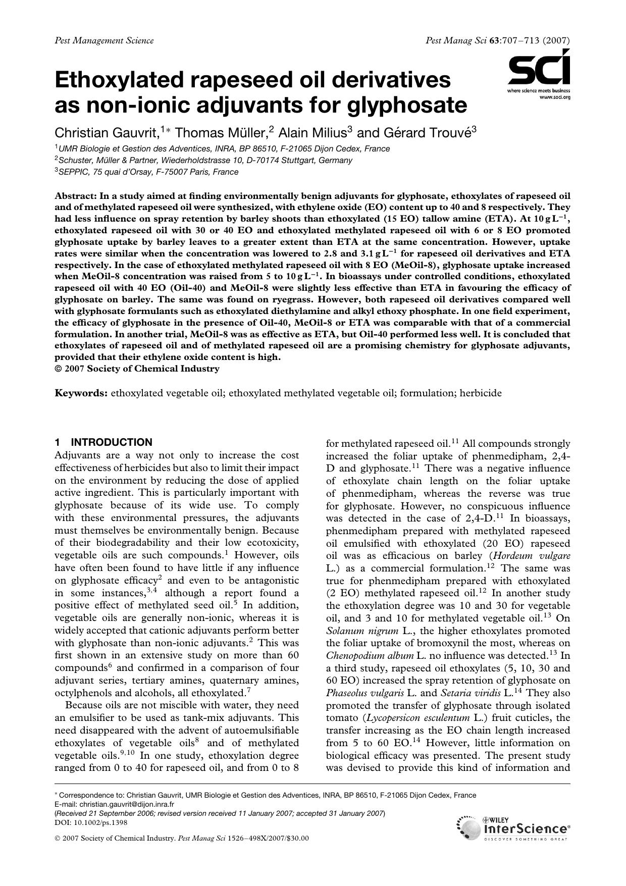 Ethoxylated rapeseed oil derivatives as non-ionic adjuvants for glyphosate by Unknown