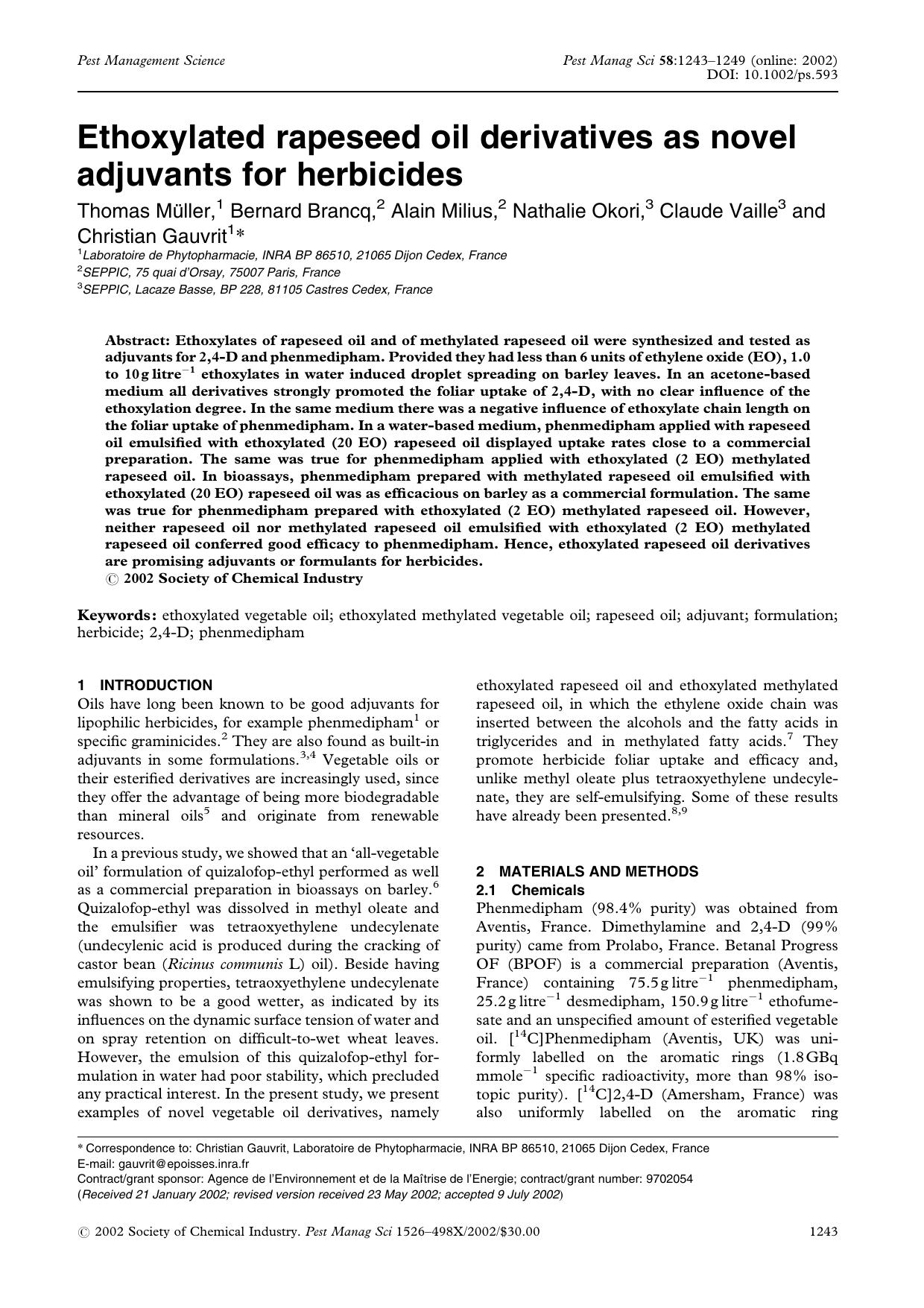 Ethoxylated rapeseed oil derivatives as novel adjuvants for herbicides by Unknown
