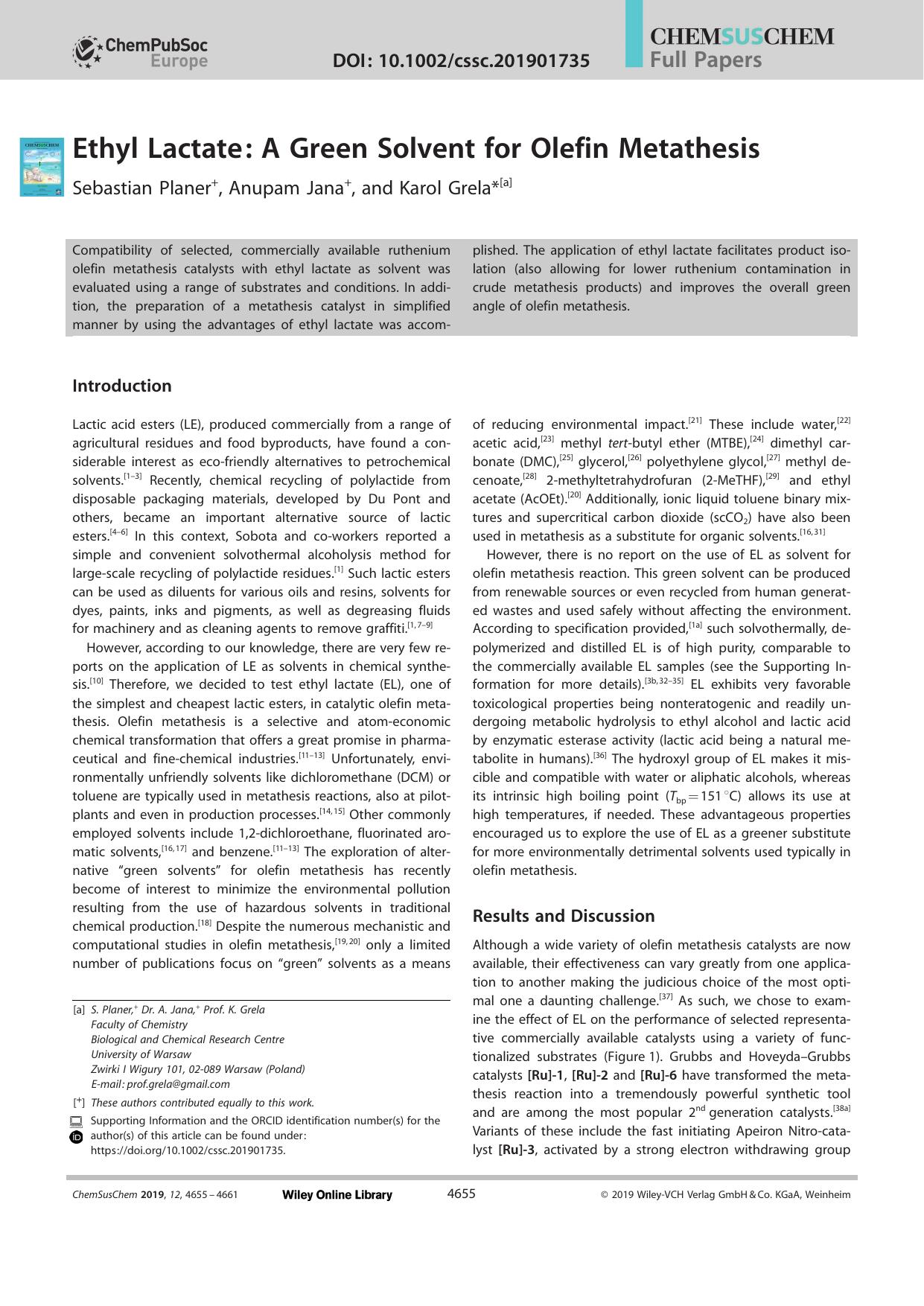 Ethyl Lactate: A Green Solvent for Olefin Metathesis by Unknown