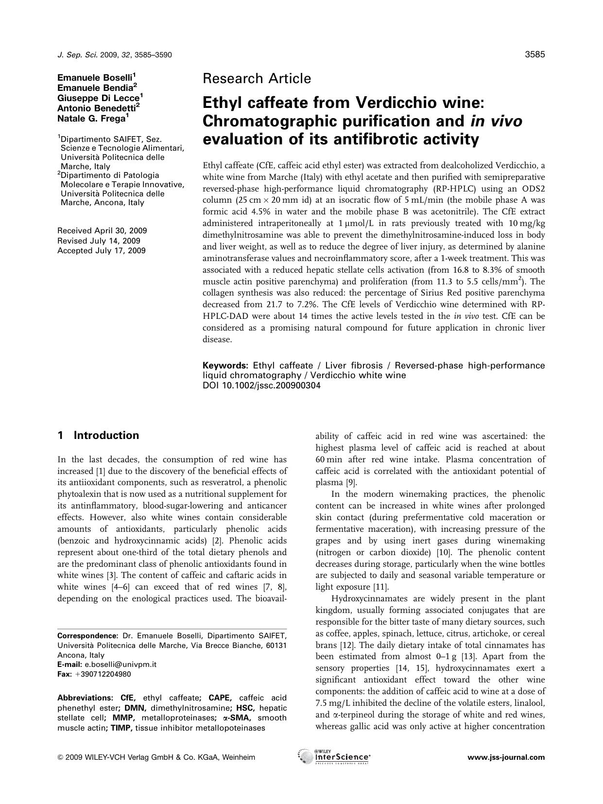 Ethyl caffeate from Verdicchio wine: Chromatographic purification and in vivo evaluation of its antifibrotic activity by Unknown