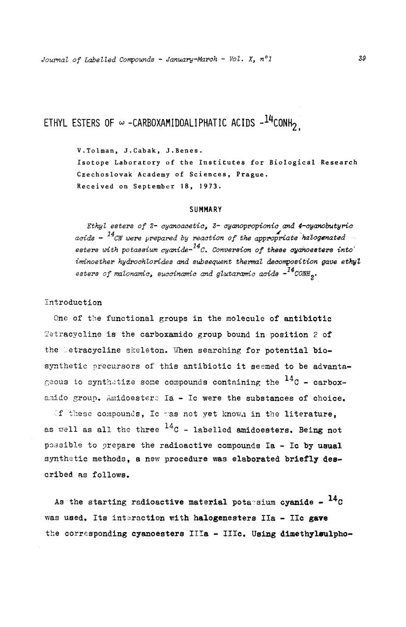 Ethyl esters of [Omega]-carboxamidoaliphatic acids-14CONH2 by Unknown
