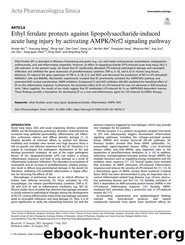 Ethyl ferulate protects against lipopolysaccharide-induced acute lung injury by activating AMPKNrf2 signaling pathway by unknow