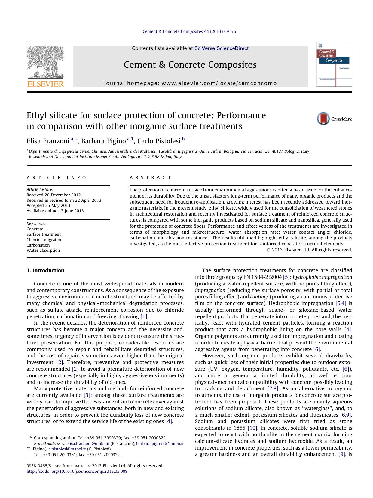 Ethyl silicate for surface protection of concrete: Performance in comparison with other inorganic surface treatments by Elisa Franzoni & Barbara Pigino & Carlo Pistolesi