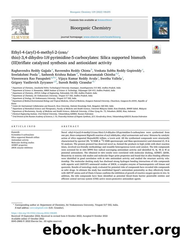 Ethyl-4-(aryl)-6-methyl-2-(oxothio)-3,4-dihydro-1 H -pyrimidine-5-carboxylates: Silica supported bismuth(III)triflate catalyzed synthesis and antioxidant activity by Raghavendra Reddy Gajjala