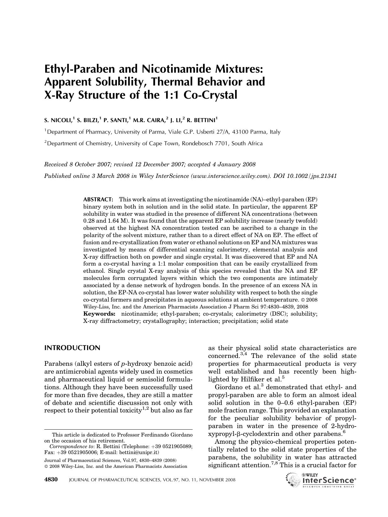 Ethyl-paraben and nicotinamide mixtures: Apparent solubility, thermal behavior and X-ray structure of the 1:1 co-crystal by Unknown