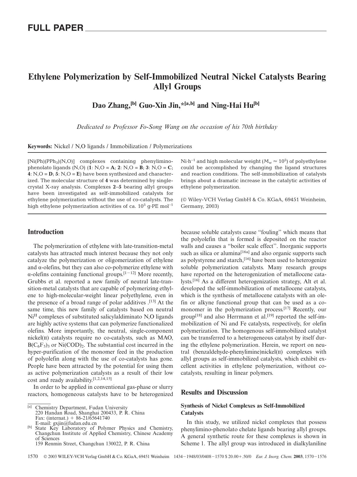 Ethylene Polymerization by Self-Immobilized Neutral Nickel Catalysts Bearing Allyl Groups by Unknown