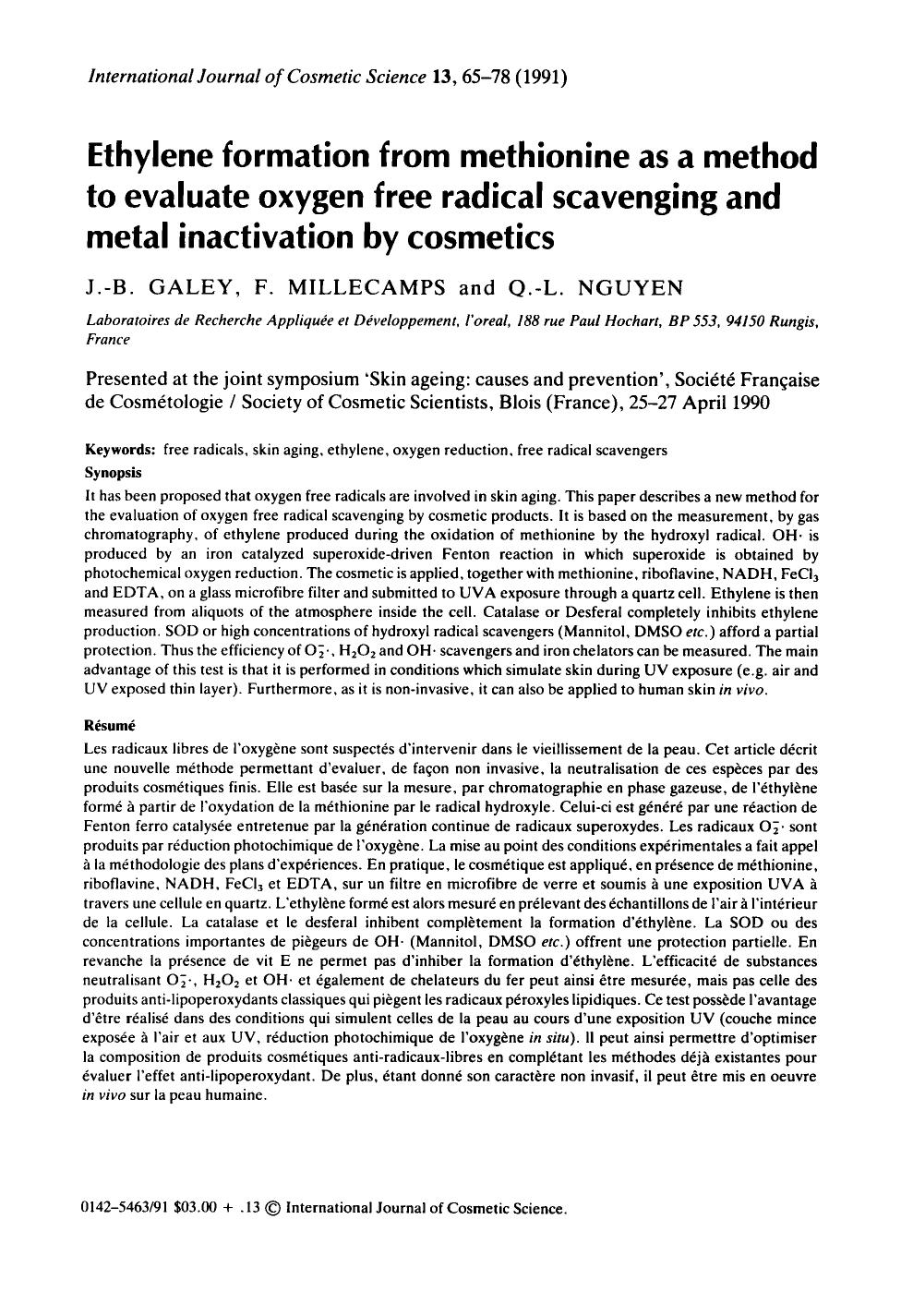 Ethylene formation from methionine as a method to evaluate oxygen free radical scavenging and metal inactivation by cosmetics by Unknown