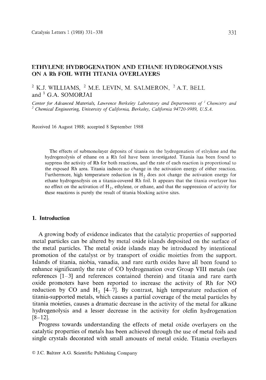 Ethylene hydrogenation and ethane hydrogenolysis on a Rh foil with titania overlayers by Unknown