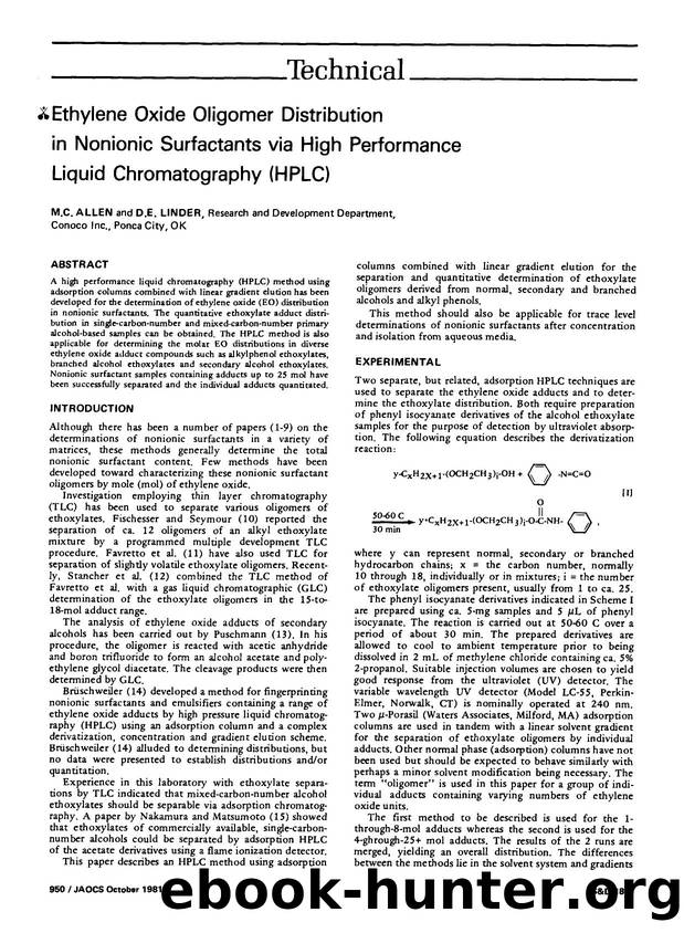 Ethylene oxide oligomer distribution in nonionic surfactants via high performance liquid chromatography (HPLC) by Unknown
