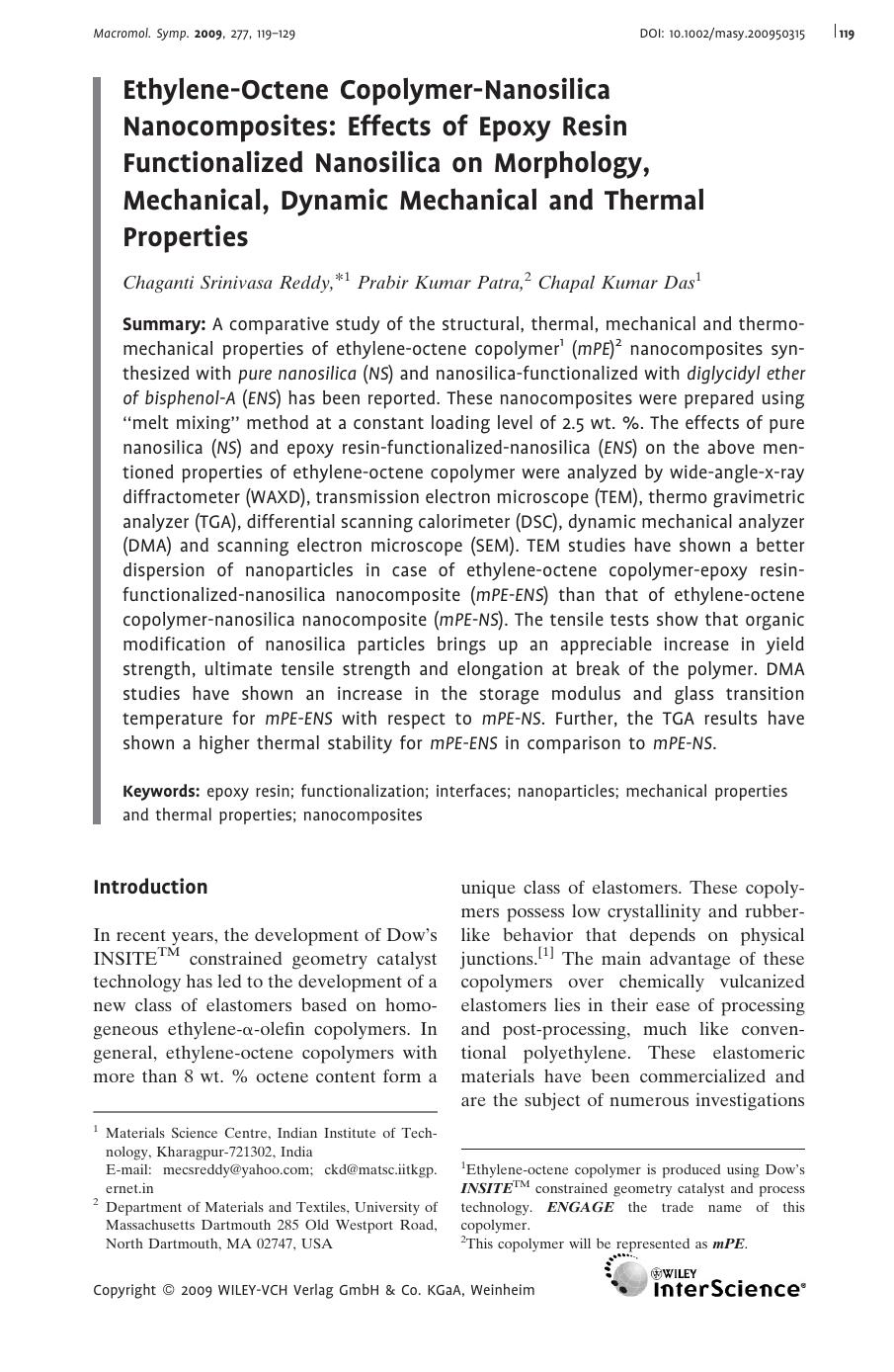 Ethylene-Octene Copolymer-Nanosilica Nanocomposites: Effects of Epoxy Resin Functionalized Nanosilica on Morphology, Mechanical, Dynamic Mechanical and Thermal Properties by Unknown