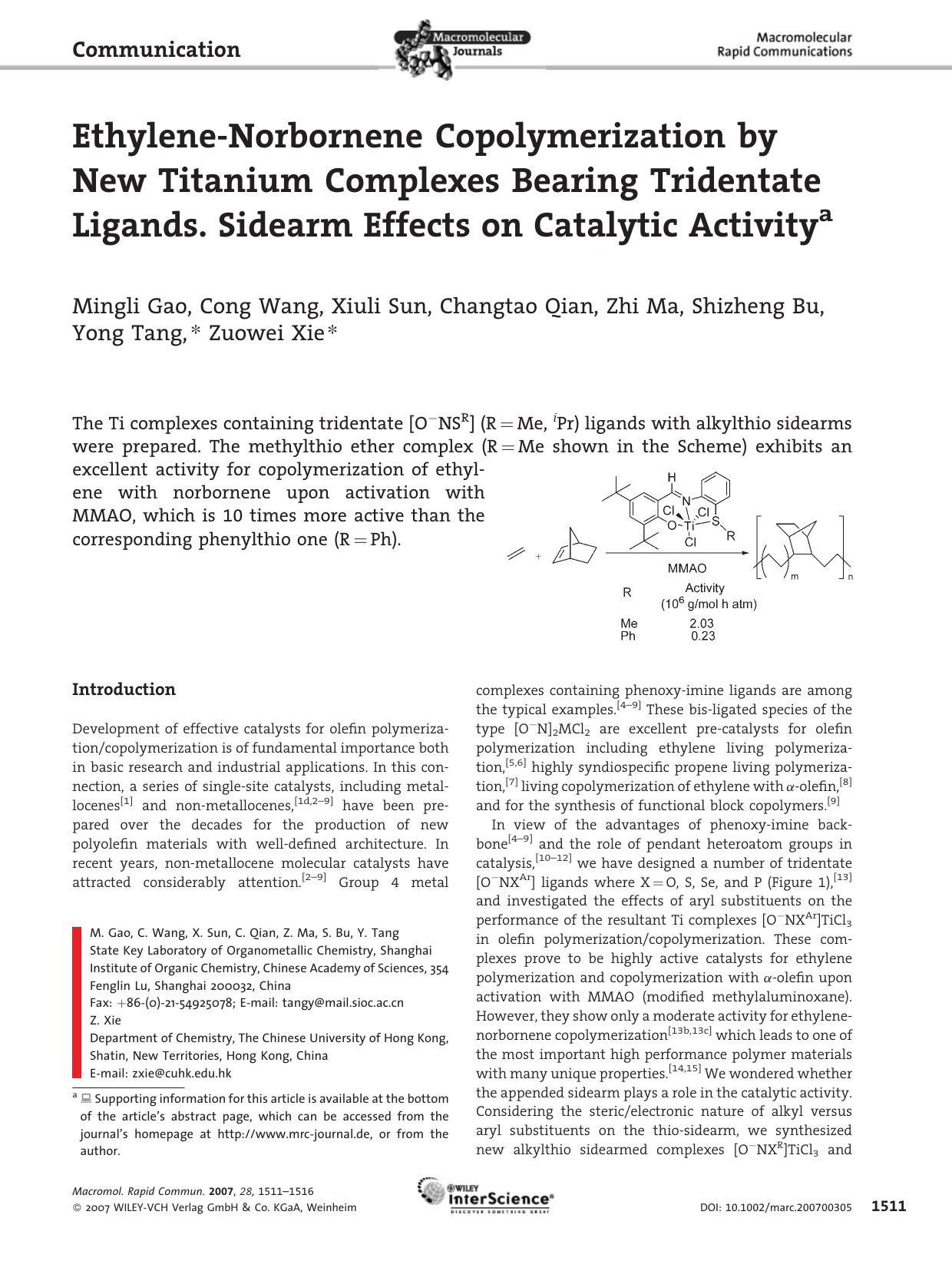EthyleneNorbornene Copolymerization by New Titanium Complexes Bearing Tridentate Ligands. Sidearm Effects on Catalytic Activity by Unknown