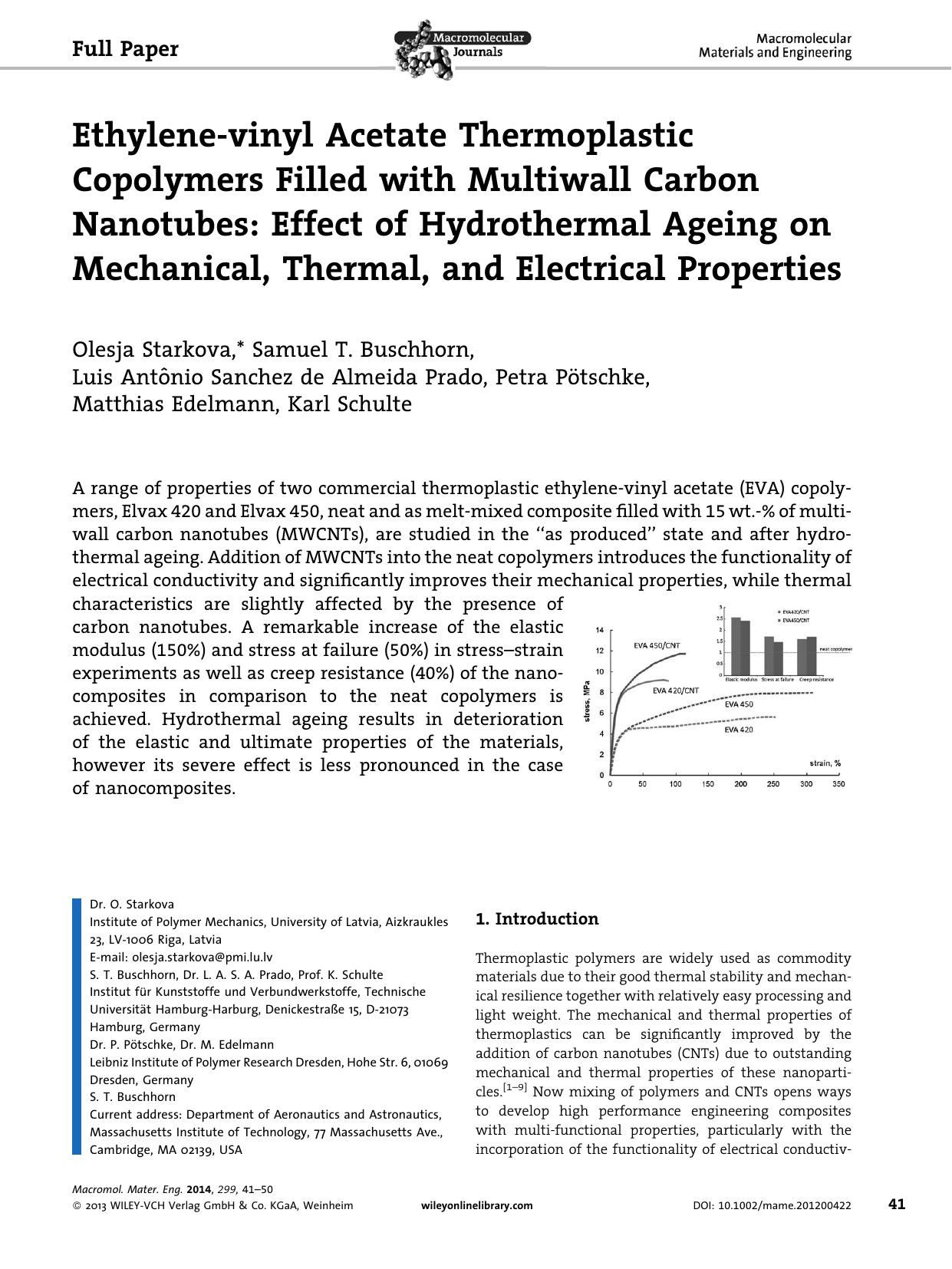 Ethylenevinyl Acetate Thermoplastic Copolymers Filled with Multiwall Carbon Nanotubes: Effect of Hydrothermal Ageing on Mechanical, Thermal, and Electrical Properties by Unknown