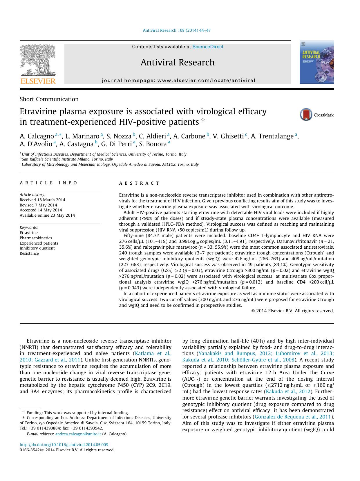 Etravirine plasma exposure is associated with virological efficacy in treatment-experienced HIV-positive patients by unknow