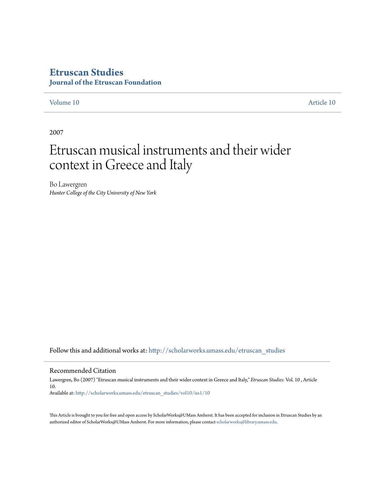 Etruscan musical instruments and their wider context in Greece and Italy by Bo Lawergren