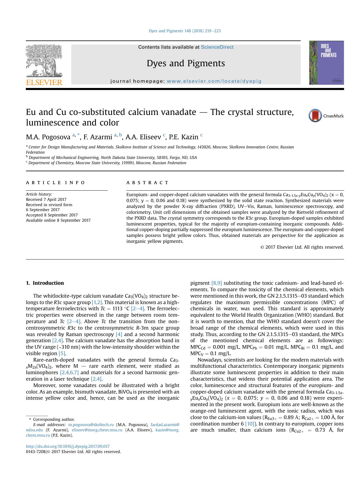 Eu and Cu co-substituted calcium vanadate - The crystal structure, luminescence and color by M.A. Pogosova & F. Azarmi & A.A. Eliseev & P.E. Kazin