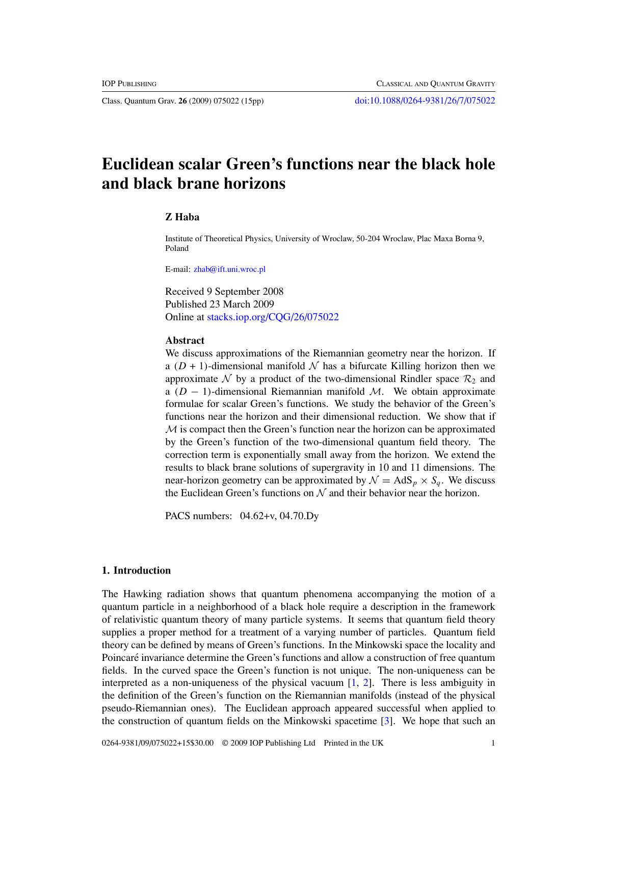 Euclidean scalar Green's functions near the black hole and black brane horizons by Z Haba
