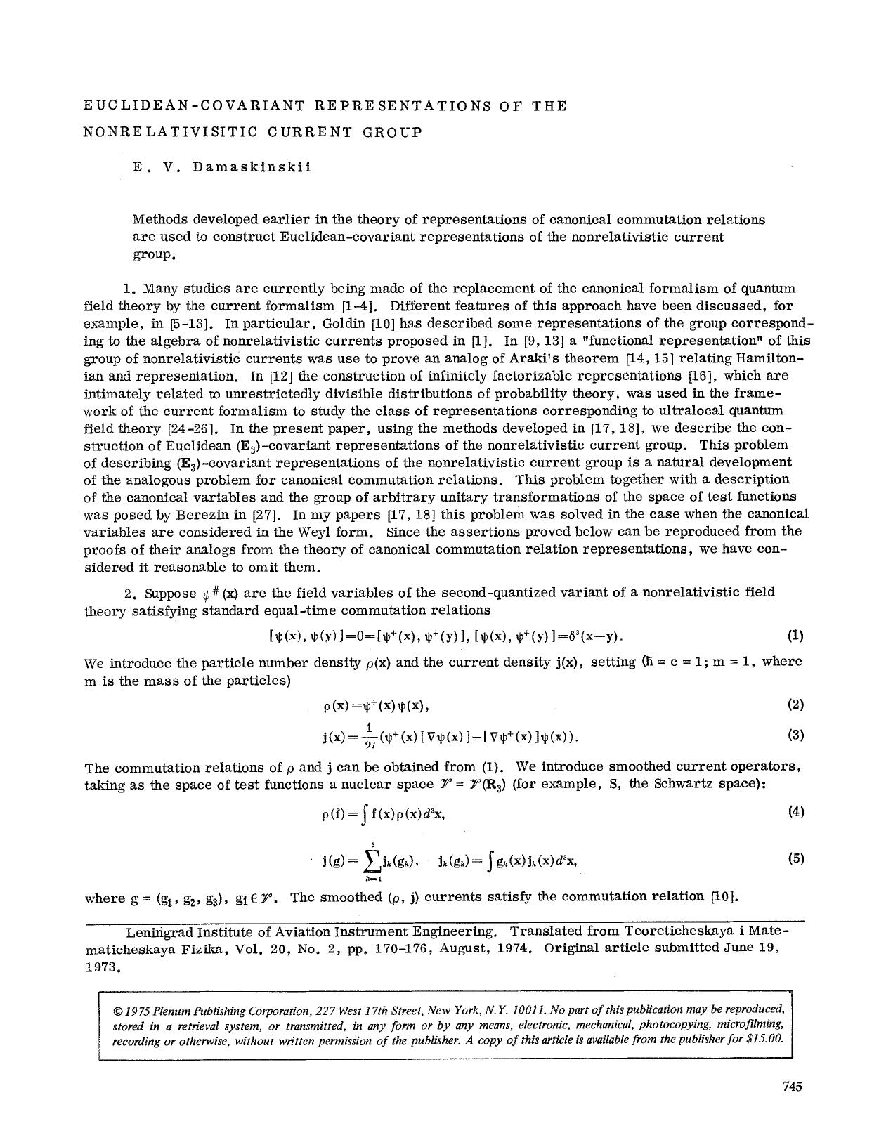 Euclidean-covariant representations of the nonrelativisitic current group by Unknown