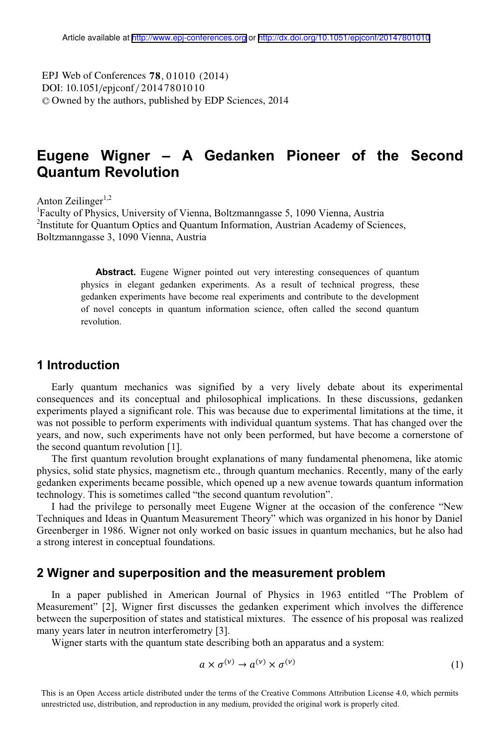 Eugene Wigner â A Gedanken Pioneer of the Second Quantum Revolution by Zeilinger Anton