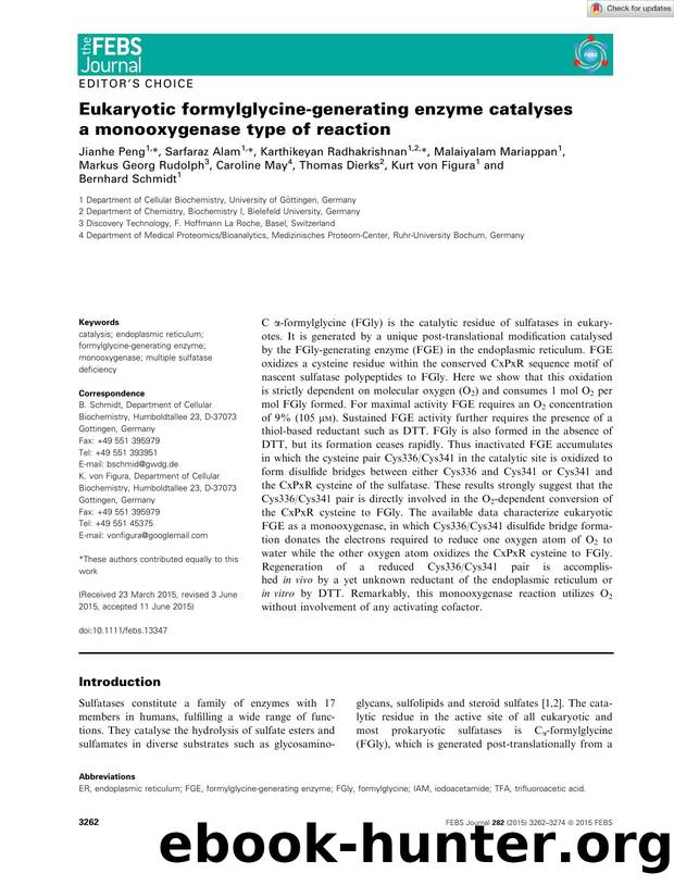 Eukaryotic formylglycineâgenerating enzyme catalyses aÂ monooxygenase type of reaction by Unknown