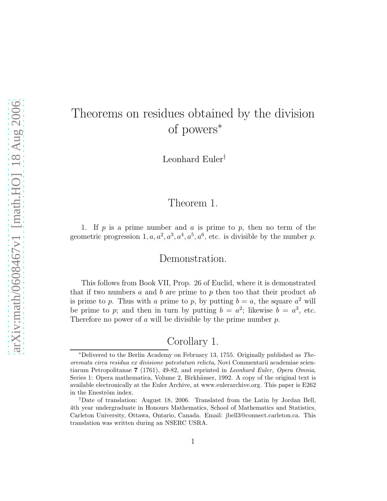 Euler L. Theorems on residues obtained by the division of powers (1755)(en)(27s) by Unknown