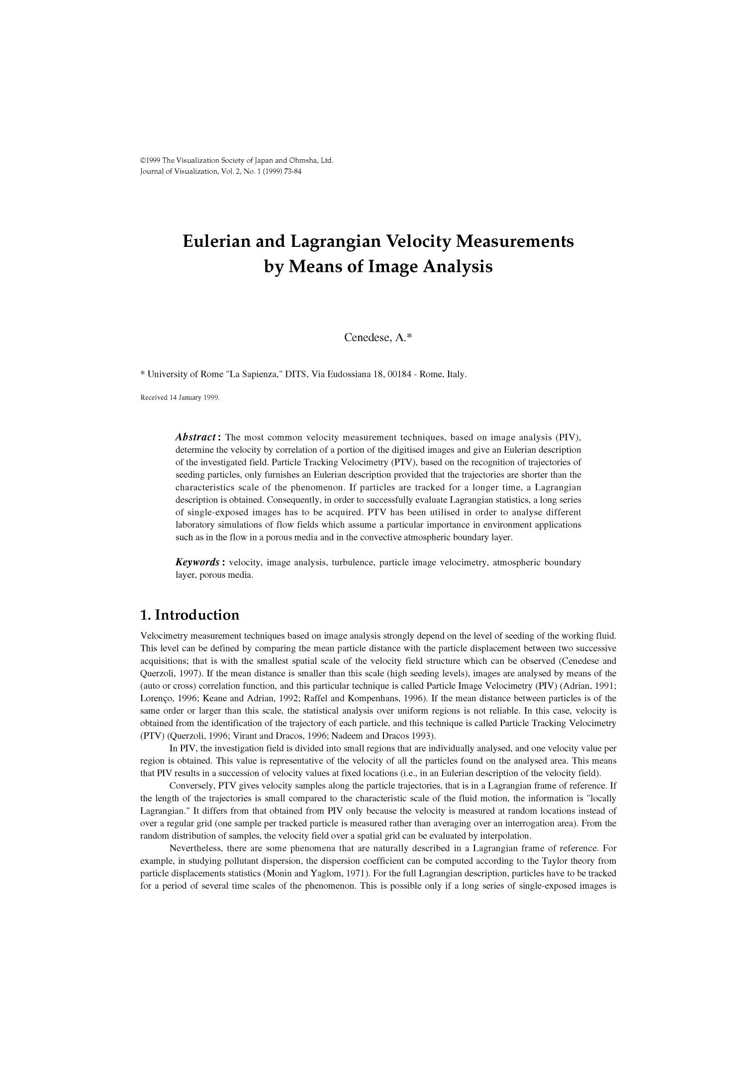 Eulerian and Lagrangian velocity measurements by means of image analysis by Unknown