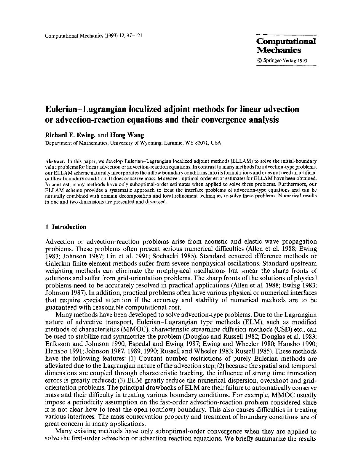 Eulerian-Lagrangian localized adjoint methods for linear advection or advection-reaction equations and their convergence analysis by Unknown