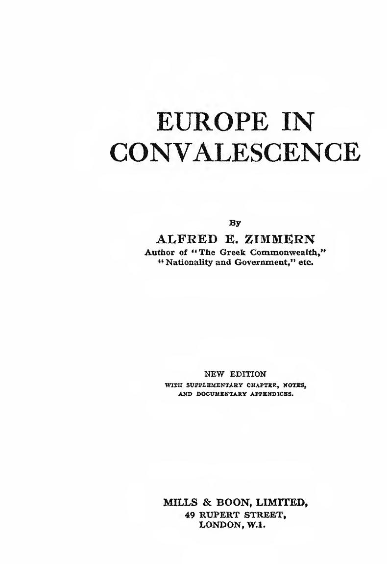 Europe In Convalescence by Alfred E Zimmern